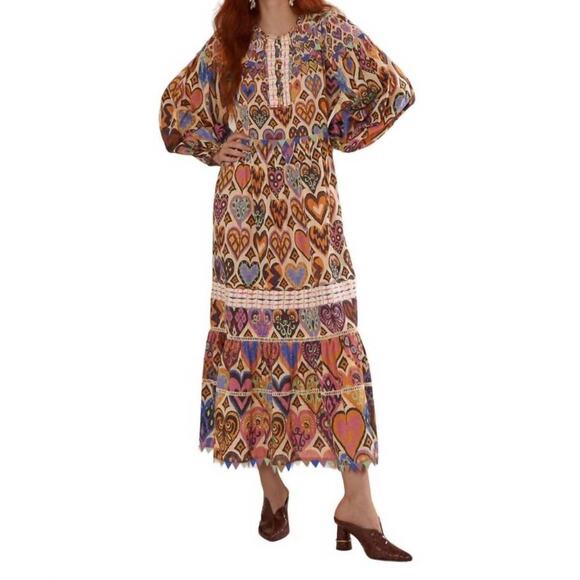 Farm Rio Cream Hearts Ikat Maxi Dress Sz XL Patchwork Boho - Picture 2 of 8